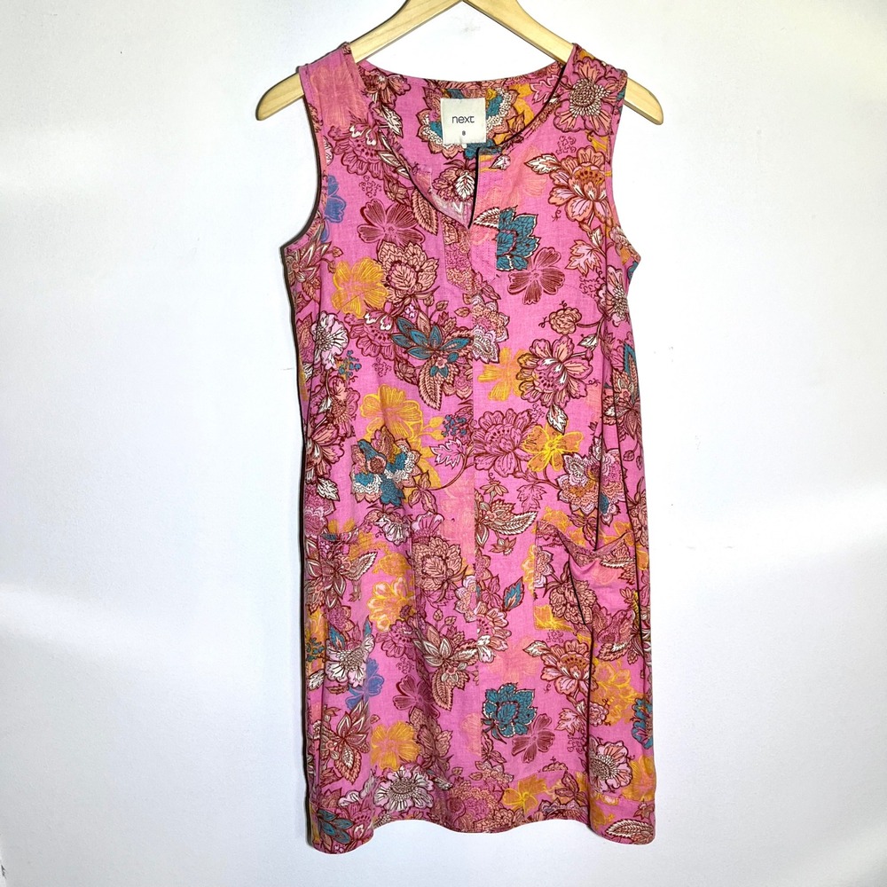 Next Floral Print Sleeveless Casual Dress Pink Linen‎ Blend Size 8
